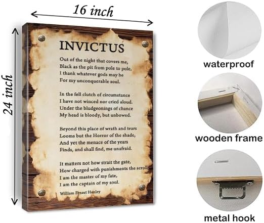 Invictus Poem Quotes Wall Art Inspirational Canvas Print Wall Decor Modern Art Motivational Poetry Poster Painting Artwork Wall Decor For Home Office Wooden Frame Ready To Hang Framed 16 * 24 Inch