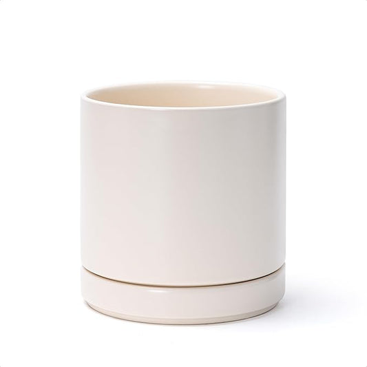 D'vine Dev 6.5 Inch Ceramic Planter Pot with Drainage Hole and Saucer, Indoor Cylinder Round Planter Pot, Oatmeal, 94-O-C-8