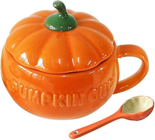 YBK Tech Cute Pumpkin Cup, Ceramic Coffee Mug, Tea Cup with Lid and Spoon (15.5oz)