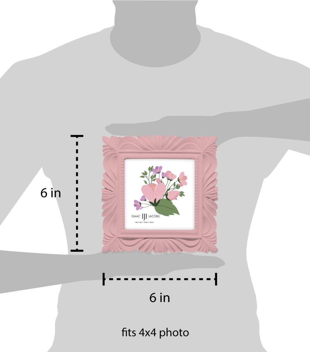 Isaac Jacobs 4x4 Pink Wave Textured Hand-Crafted Resin Picture Frame with Easel & Hook for Tabletop & Wall Display, Decorative Swirl Design Home Décor, Photo Gallery, Art, More (4x4, Pink)