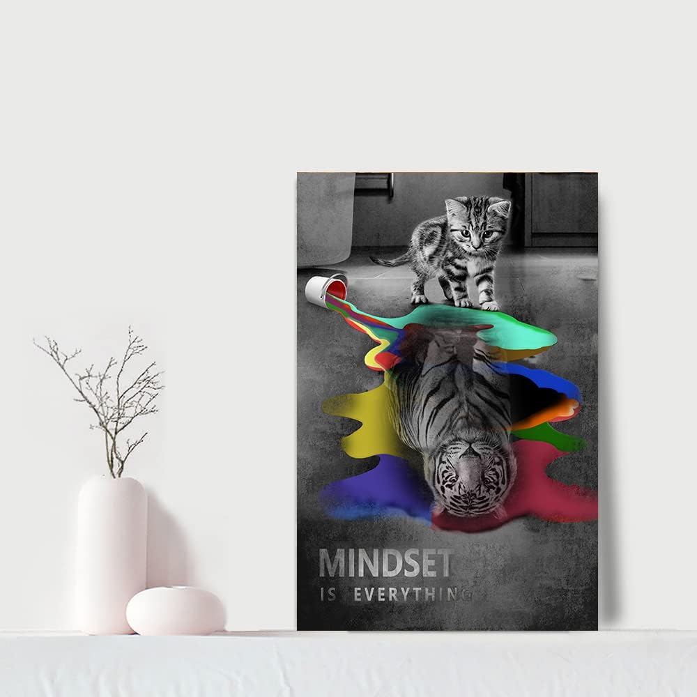 Colorful Animal Artwork Motivational Posters Canvas Wall Art Inspirational Prints Cute Cat Tiger Picture Mindset Is Everything Art Work Painting Home Decor for Classroom Dorms Office Decor-12"Wx16"H