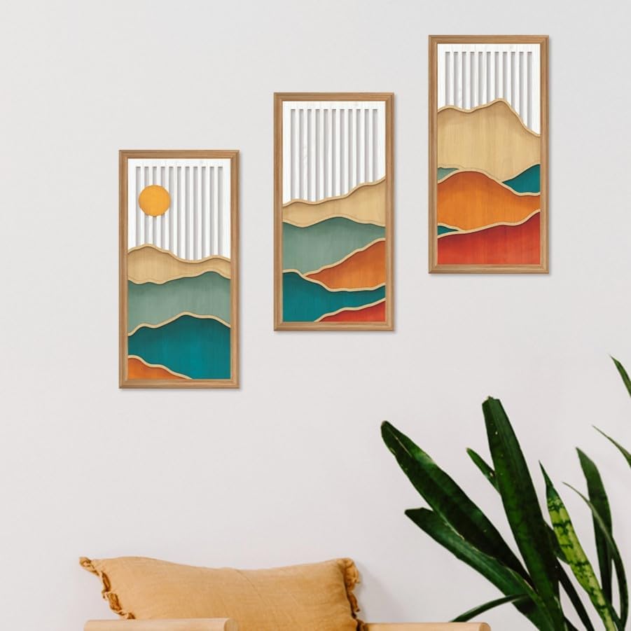 IARTTOP 3 Pcs Boho Mountain Wall Decor Modern Minimalist Wooden Artwork Bohemian Hanging Art Abstract Nature Landscape Wood Wall Art Decoration for Apartment Living Room 7.9 x15.8 Inch