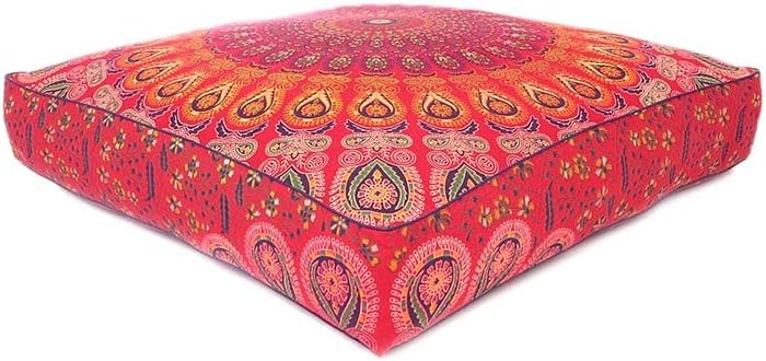 Eyes of India - Mandala Floor Pillow Cover Meditation Cushion Seating Throw Hippie Round Colorful Decorative Bohemian Indian Pouf Ottoman Handmade Cover ONLY (Red, 35" x 35")