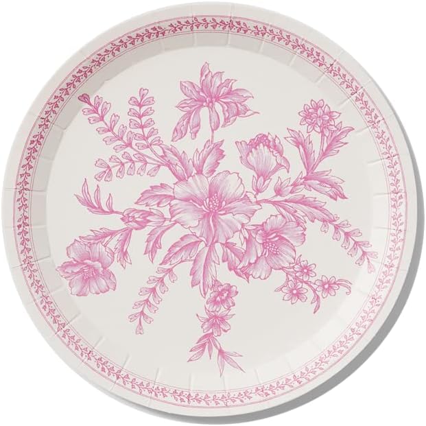 Coterie Pink Floral Paper Plates (Set of 10 Small) - For Bridal and Baby Shower, Garden Party, Birthday - 7.25" Fancy Plates