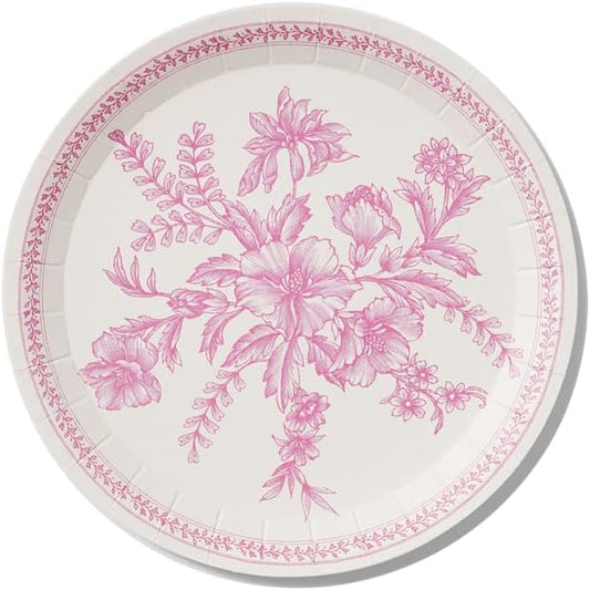 Coterie Pink Floral Paper Plates (Set of 10 Small) - For Bridal and Baby Shower, Garden Party, Birthday - 7.25" Fancy Plates