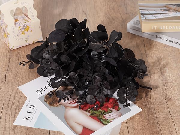 120 Pcs 3 Kinds Mixed Artificial Eucalyptus Stems Faux Eucalyptus Leaves Branches Black Flower for Halloween DIY Bouquets Floral Arrangement Wedding Home Decor