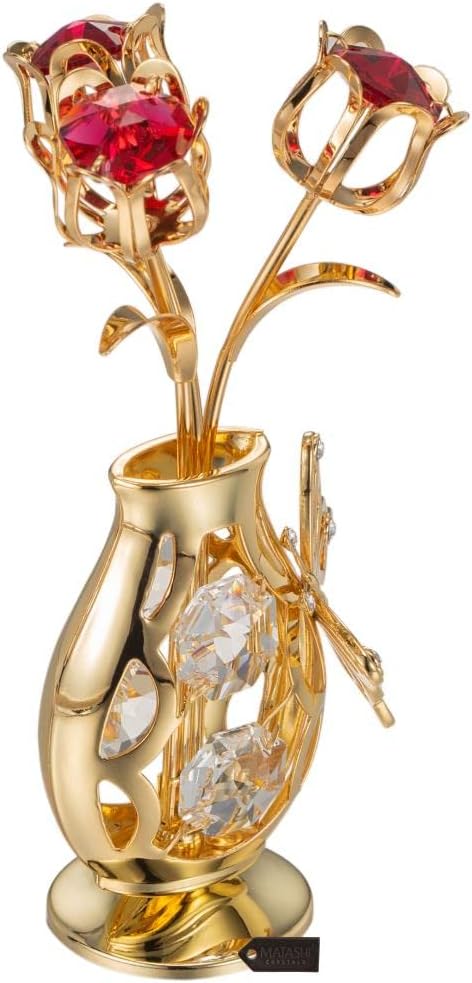 Matashi 24K Gold Plated Crystal Studded Flower Ornament in a Vase w Decorative Butterfly (Red Crystals) – Stunning Home Decor Showpiece, Gift for Mom, Wife, Grandma – Ideal for Mother’s Day, Christmas