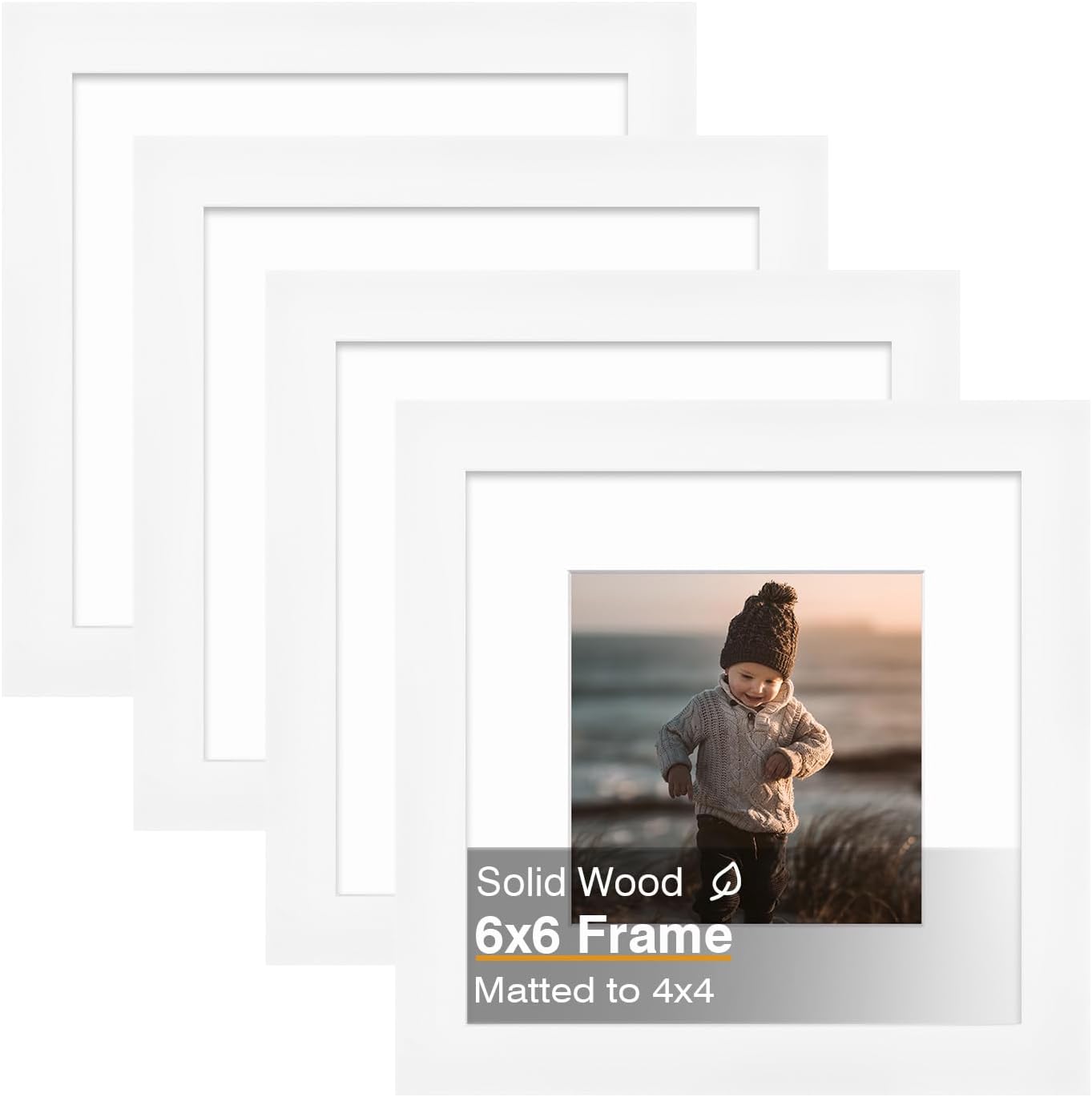 KINLINK 6x6 Picture Frame, White Square Solid Wood Frames for Pictures 4x4 with Mat or 6x6 without Mat, Wall and Tabletop Display Photo Frames White 4 Pack