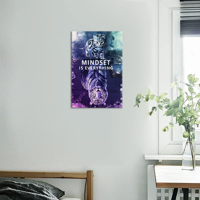 Mindset is Everything Inspirational Canvas Wall Art Small Cat Big Tiger Picture Prints Poster Modern Motivational Painting Artwork Home Office Wall Decorations Framed Ready to Hang[12"W X 18"H]