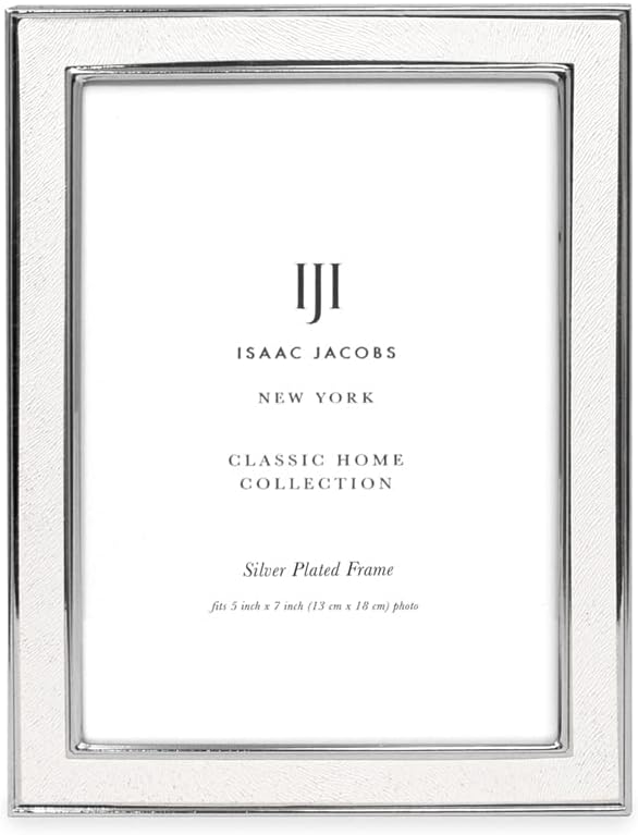 Isaac Jacobs 5x7 White Textured Leather (Vertical & Horizontal) & Silver Metal Picture Frame, with Black Fabric Easel, Wall-Mountable, Made for Tabletop, Home or Office (5x7, White W/ Silver)