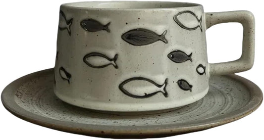 Japanese Simple Stoneware Coffee Cup and Saucer Set - Vintage Ceramic Teacup Mug Gift Box - Home Office Afternoon Tea Set