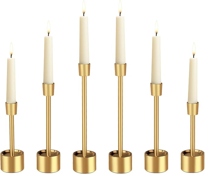 YUMORE 6 Packs Small Taper Candle Holders Candlestick Holder Stable Base Stand Holders for Dining Table Wedding Centerpiece (Gold)