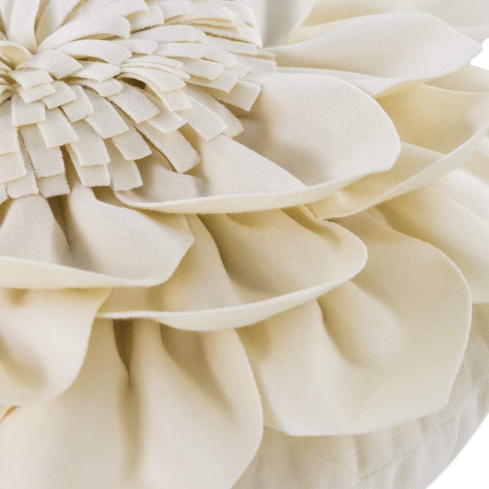 Decorative Throw Pillow 3D Flower Round Pillow Accent Handmade Cushion with Insert for Couch Bed Home Decor 14 inch Cream White