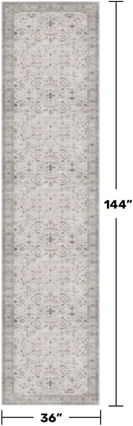 Light Gray Kitchen Rug 12 ft Long - Modern Boho Eclectic Floral Geometric Decor, Washable Low Pile Non-Slip Extra Long Wide Runner Rugs for Hallway, 3x12
