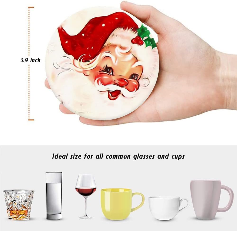 LOKMU Coasters for Drinks,Round Absorbent Ceramic Stone Coaster Sets of 6 with Metal Holder Stand,Vintage Santa Claus Coasters with Cork Base for Coffee Wooden Table,Housewarming Gifts,Christmas
