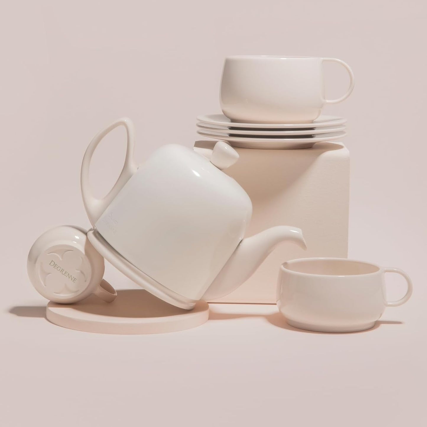 Degrenne Salam Luxury French Tea Pot - Porcelain Teapot with Stainless Steel Cover, Ceramic Tea Kettle for Loose Tea, Removable Infuser, 6 Cup Capacity, 36oz - Monochrome Rose