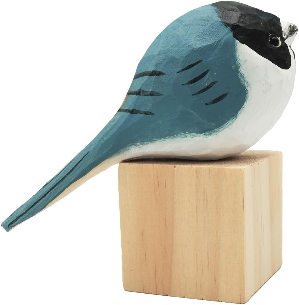 DIYOMR Hand Carved Wooden Bird Statue, Art Animal Sculpture with Wood Block, Vivid Blue Sparrow for Gift Home Table Ornament Decor
