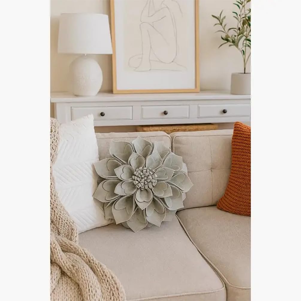 Fennco Styles Handmade 3D Heart-Shaped Petals Flower Decorative Throw Pillow Cover Only - 13" Round Grey Floral Pillow Case for Couch, Home Décor and Holiday, Housewarming Gift