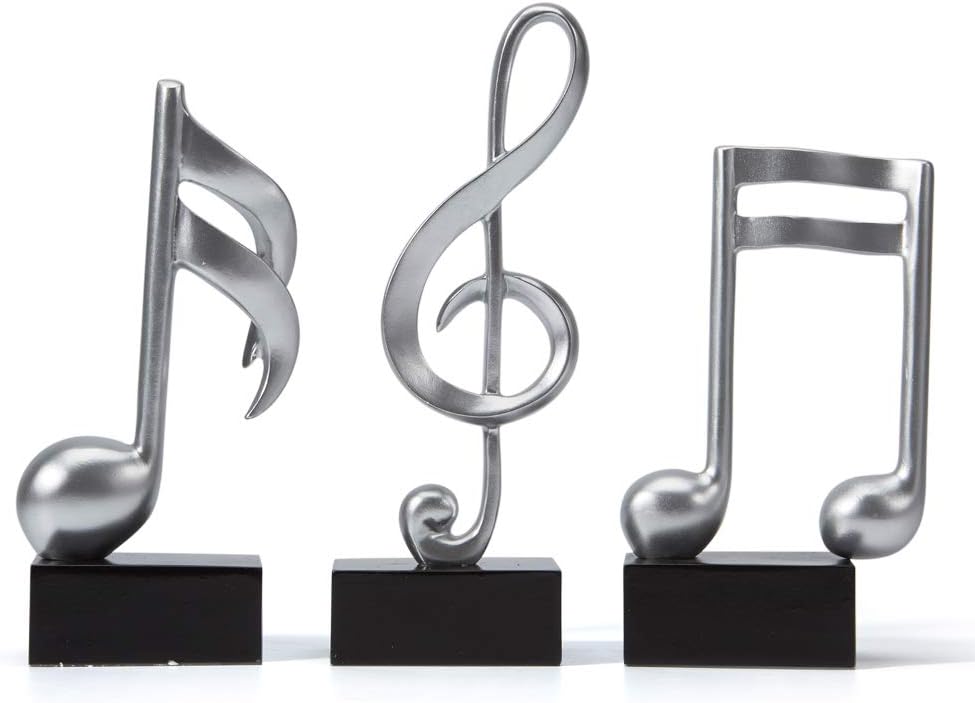 HAUCOZE 3pcs Music Note Decor Musical Decoration Gifts Table Centerpiece Sculpture Piano Statue Silver 7.5 inch