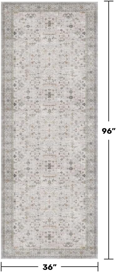 Floral 3x8 Wide Hallway Runner - Light Gray with Taupe Accent, Boho Eclectic Decor, Washable Low Pile Non Slip Stain Resistant Rug for Long Kitchen, Large Bathroom, Hall Way