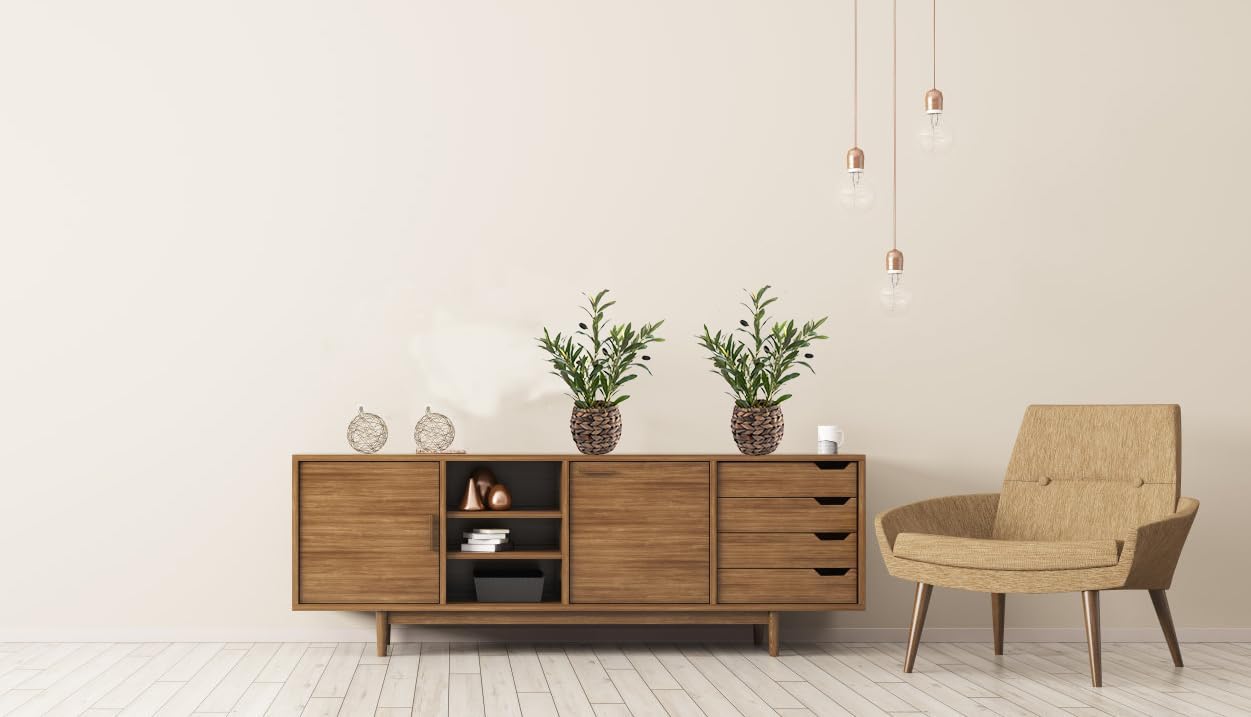 Indoor Fake Olive Plants 17.7 inches Tall Lifelike Artificial Olive Plants with Cyan Fruits in Brown Rattan Planter for Shelf Office Desk Kitchen Counter Small Space Artificial Plant Decor