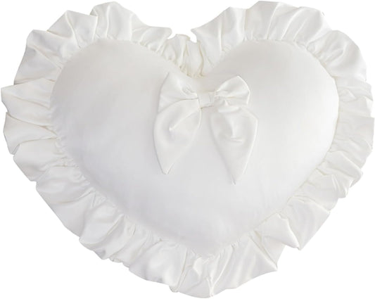 Heart Pillows, Cute Soft Room Decor Ruffled with Bow Love Heart Shape Throw Pillows Sofa Cushion Pillow for Living Room Bed Chair Car Decoration, White