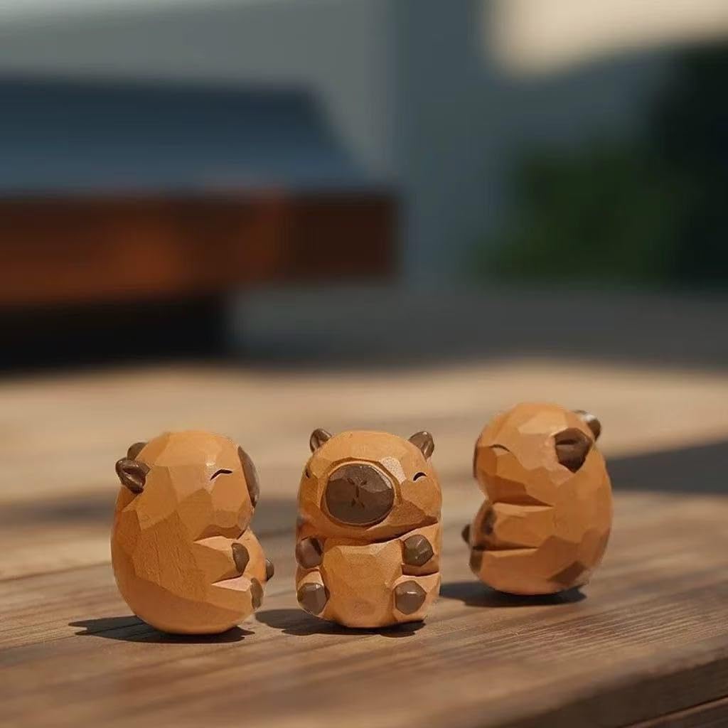 Mini Carved Wooden Capybara Figurines, 3PCS Handmade Capybara Figurine with Base Sculpture Set, Cute Capybara Statue Home Decor Art Carving Work, Desktop Ornaments, Gifts for Boys and Girls