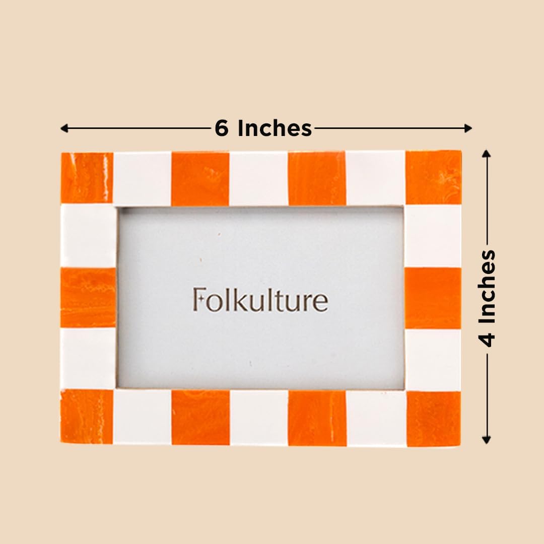 Folkulture Picture Frame | Stylish Marble Resin Unique 4x6 Photo Frame | Modern Wall Decor - Aesthetic Birthday Gift | Fall Orange & White Creative Photo Frame | Boho Living Room Home Decor
