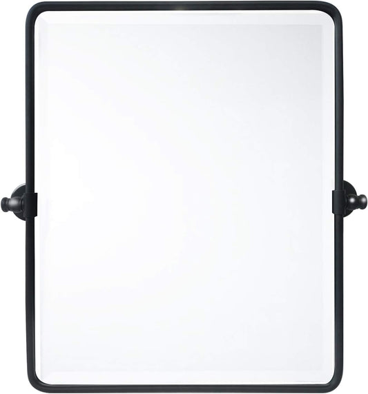 Farmhouse Black Metal Framed Pivot Rectangle Bathroom Mirror Rounded Rectangluar Tilting Beveled Vanity Mirrors for Wall, Overall 22.91 x 24 inches (Mirrror 19 x 24 inches)