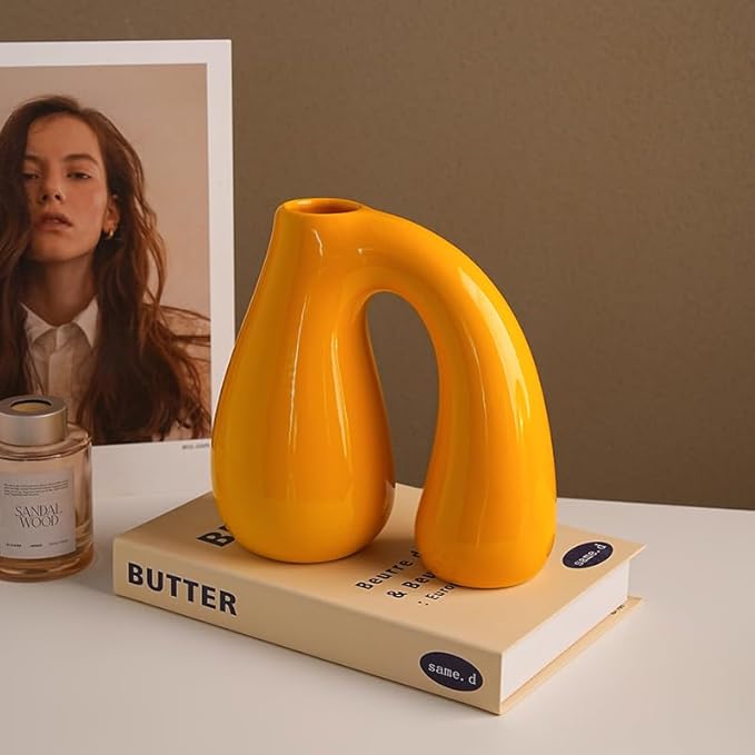 Yellow Ceramic Decorative Pitcher Vase, 7.5 in – Glossy Sculptural Arch-Handle, Modern Home Décor Accent for Fresh or Dried Floral Arrangements, Table/Shelf/Entryway, Giftable