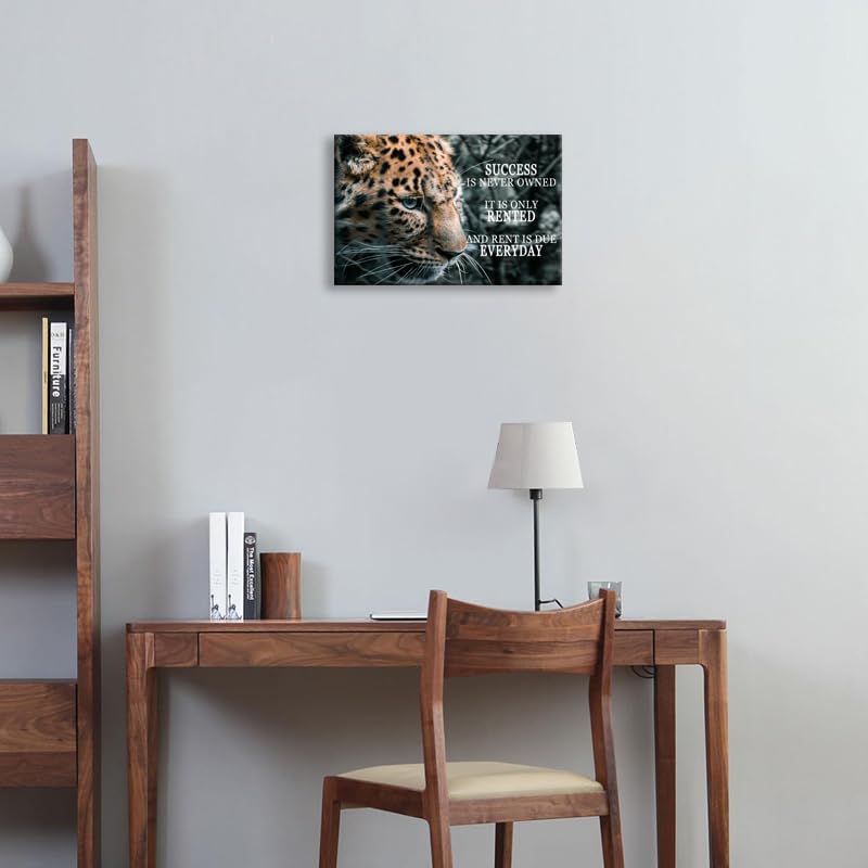 Leopard Canvas Wall Art Success Entrepreneur Quotes Posters Success Is Rented Motivational Wall Decor For Office Living Room Bedroom Office Bathroom Print Framed Ready to Hang [12" W X 18" H]