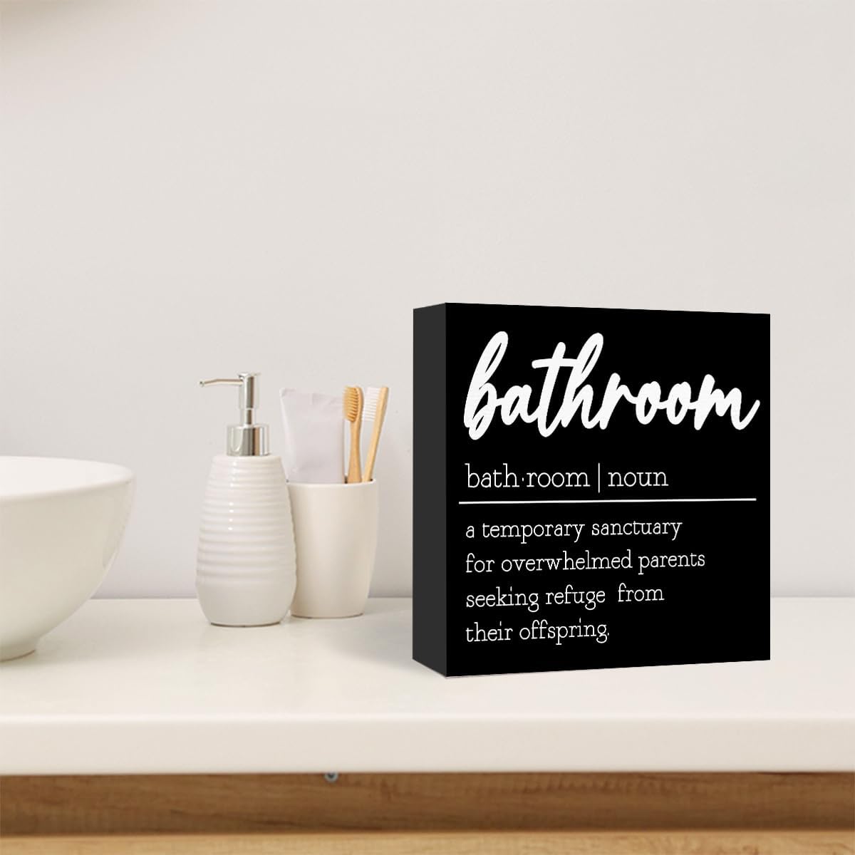 Funny Black Wood Sign - Bathroom Definition Sign for Shelf, Toilet, Restroom - Farmhouse Wooden Box Sign