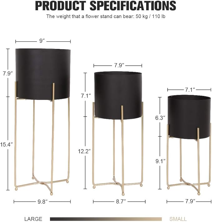 Sinolodo Mid Century Planter with Gold Plant Stand, 3 pcs Modern Planters for Indoor Plants, Metal Floor Planter Set with Foldable Stand(Pack of 3)
