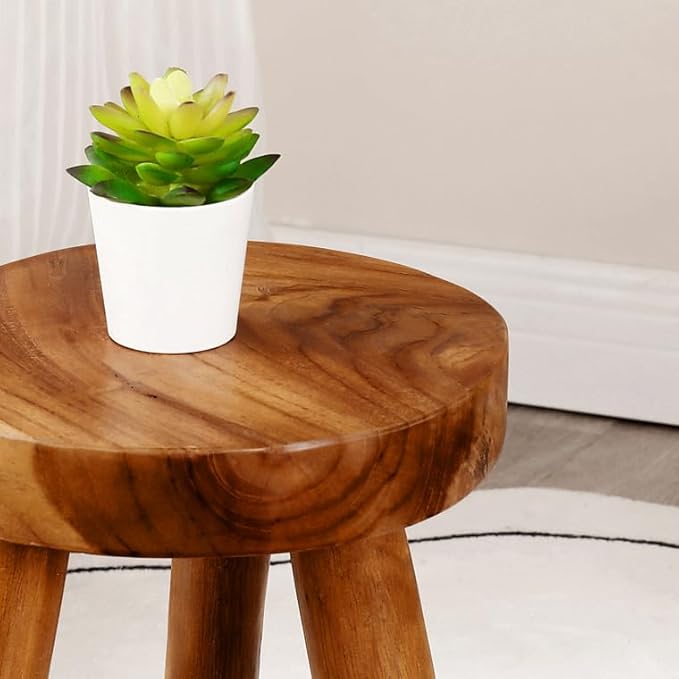 Teak Wood 9" Round Plant Stand |Dip Dyed Plant Stand |Accent Stool |Milking Stool |Bath Stool |Small Side Table (16" Tall White)