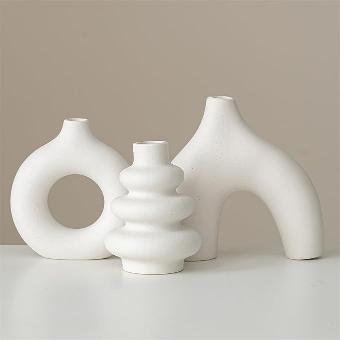 White Ceramic Vases Set of 3, Minimalist Nordic Modern Style, Round Donut Vase for Dried Flowers, Pampas Grass & Fresh Blooms,Boho Home Decor for Table Shelf Living Room Office (White)