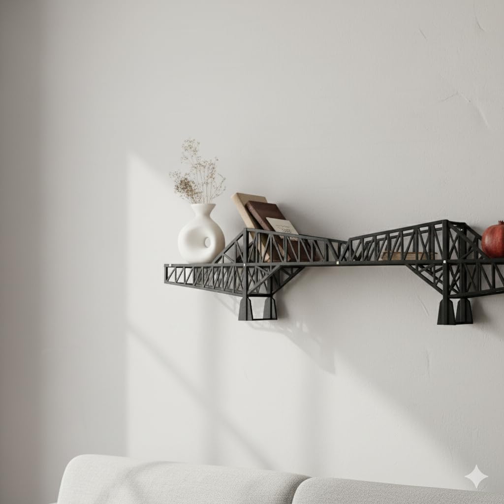 Metal Bridge Shelf – Iron Floating Shelf for Wall or Desk Use – Decorative Storage Rack for Books, Plants & Home Decor – Wall-Mounted or Tabletop Display (Tokio Black)