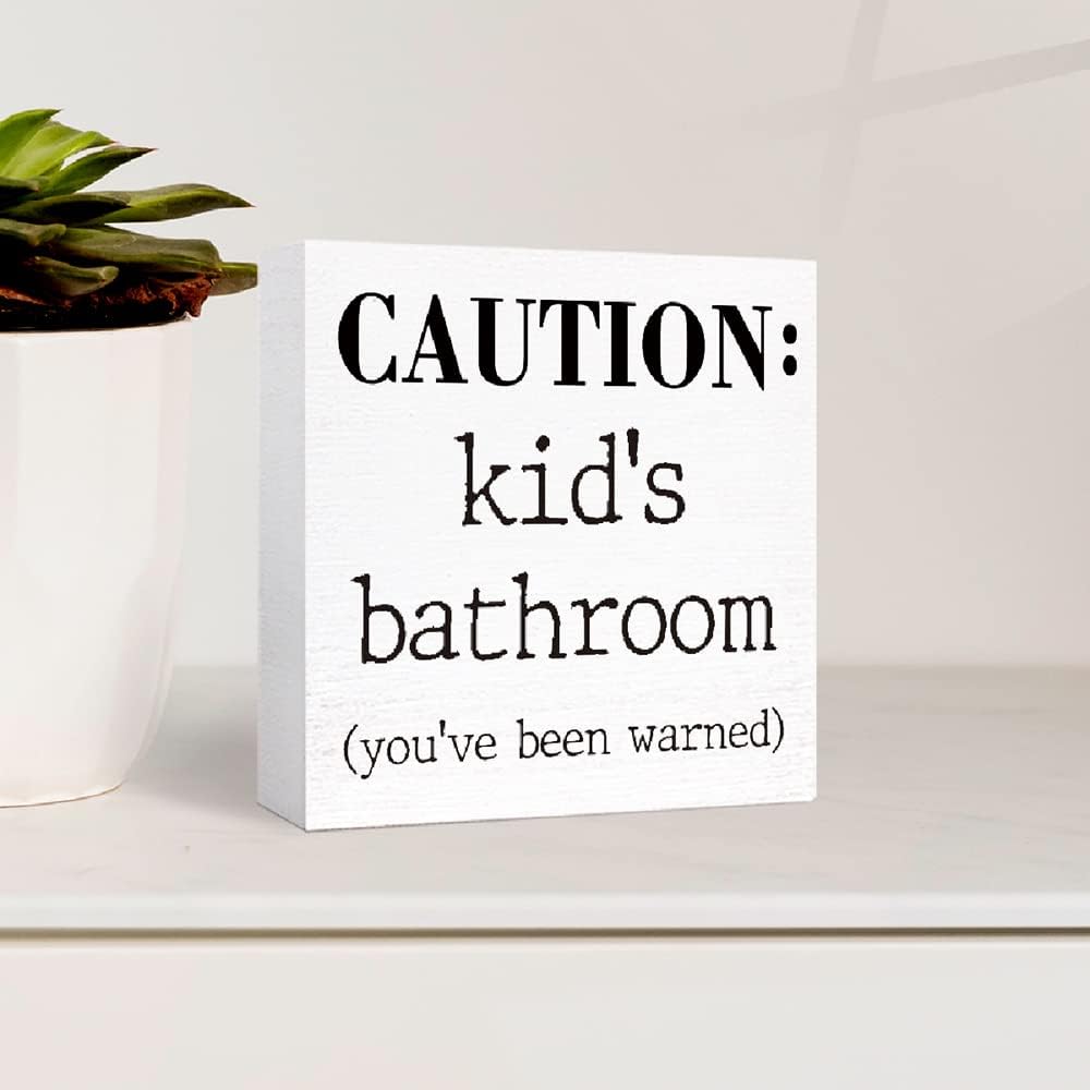 Kids Bathroom Sign Wood Block,Funny Kid's Bathroom Caution Wood Block Sign for Kid Washroom Shelf Toilet Restroom Shelves Decor 5"L x 5"W x 1.1"H