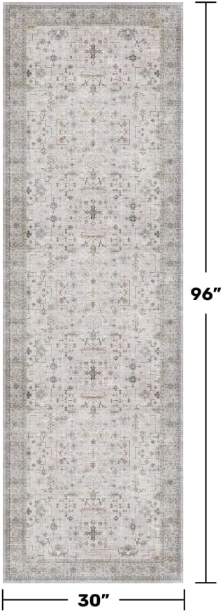 Light Gray Washable 2'6"x8' Wide Hallway Runners, Kitchen Runner Rug, Non-Slip & Stain Resistant Long Floor Rug, Neutral Boho Floral Décor