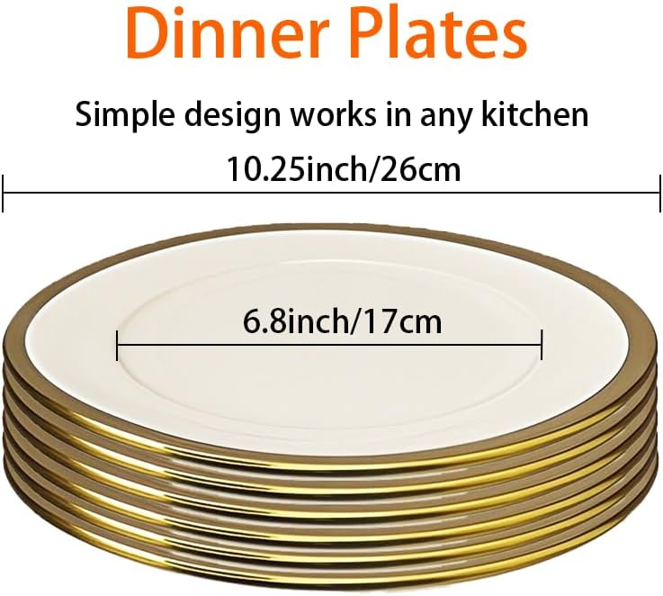 Dinner Plates, Set of 6, 10 inch,White Porcelain with Gold Trim，Appetizer Plates,Ceramic Round Dessert Serving Plates for Bread, Salad, Snack and Finger Food,Elegant Ceramic Dinner Plates
