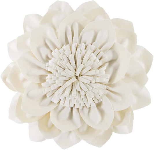 Decorative Throw Pillow 3D Flower Round Pillow Accent Handmade Cushion with Insert Included for Couch Bed Home Decor 12 Inch Cream White
