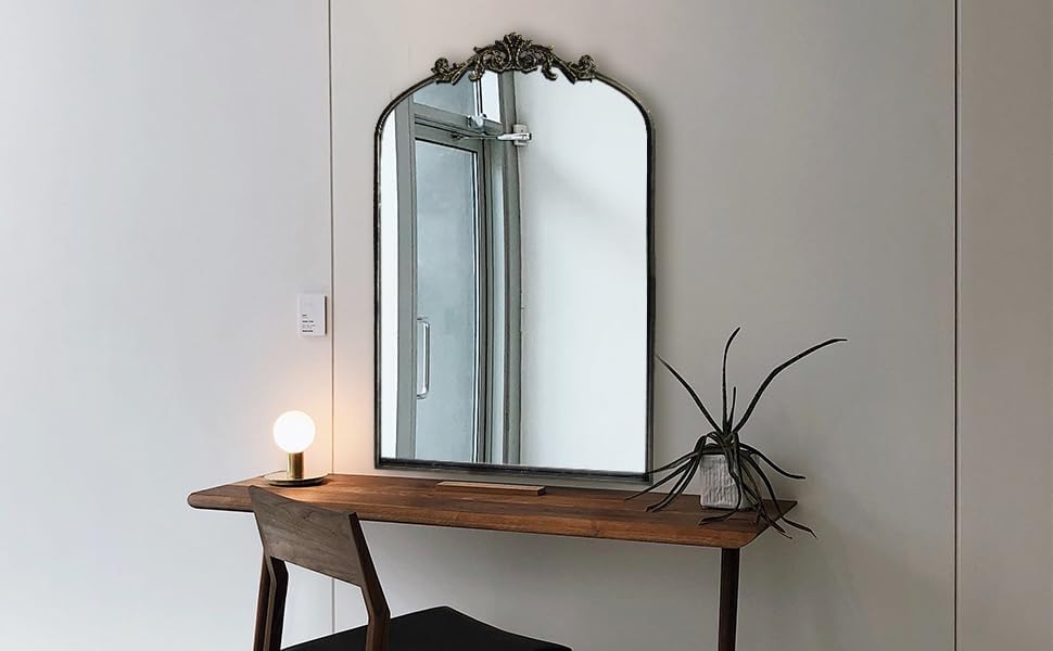 Black Ornate Mirror for Wall, Traditional Vintage Ornate Baroque Mirrors,Victorian Antique Bronze Full Matel Frame,Arched Mirror for Entryway/Bathroom/Fireplace 24"X36"