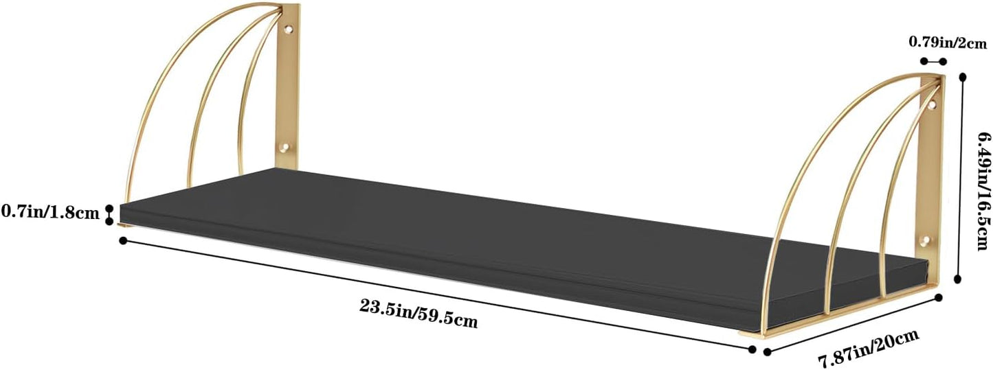 Black Floating Shelves Pine Wood 23.5×7.87 Inch Black Floating Bookshelf with Elegant Lines,Long Gold Shelves,Black and Gold Floating Shelves for Floating Book Shelf Set of 2.