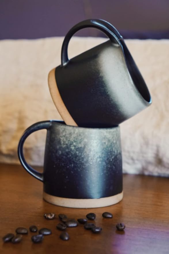 Well Covered & Green Original Night Glazed Ceramic Coffee Mug Set - 2 Vintage Japanese Style Cappucino Coffee Mugs - Stoneware Mug & Matcha Cup Gift Set - 2 x Black, 12oz