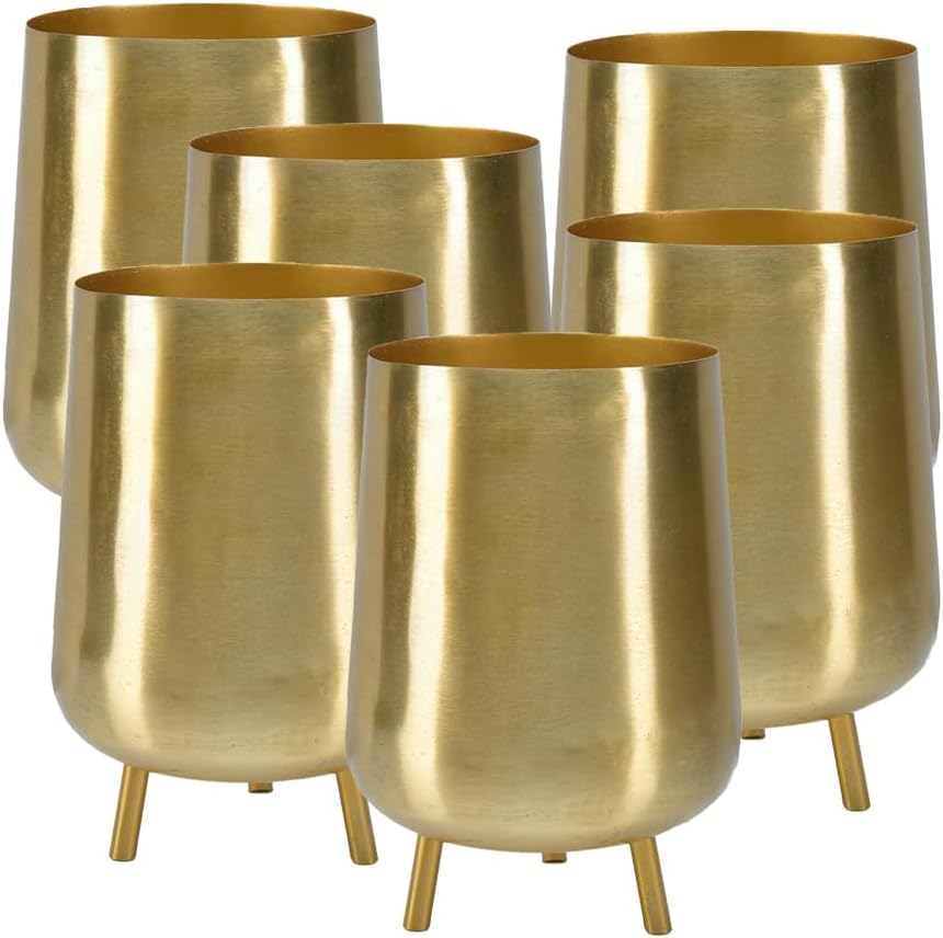 Serene Spaces Living 8" Gold Three Footed Planter, Stylish Iron Cachepot for Succulents, Cacti, Herbs, Mid-Century Inspired Indoor/Outdoor Pot, Living Room, Kitchen, Office, Made in India, Pack of 6