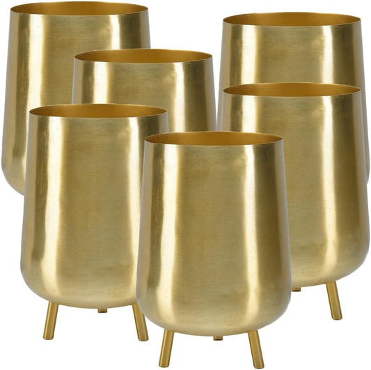 Serene Spaces Living 8" Gold Three Footed Planter, Stylish Iron Cachepot for Succulents, Cacti, Herbs, Mid-Century Inspired Indoor/Outdoor Pot, Living Room, Kitchen, Office, Made in India, Pack of 6