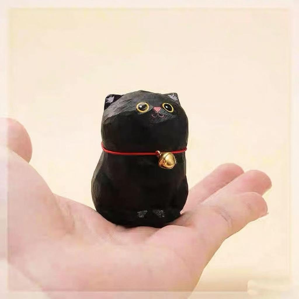 Hand Carved Wooden Black Cat Figurines – 2PCS Small Painted Cat Statues with Base, Cute Desk or Shelf Decor, Collectible Eco-Friendly Pet Figurines, Unique Handmade Gifts for Cat Lovers