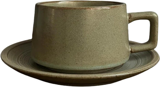 Japanese Simple Stoneware Coffee Cup and Saucer Set - Vintage Ceramic Teacup Mug Gift Box - Home Office Afternoon Tea Set