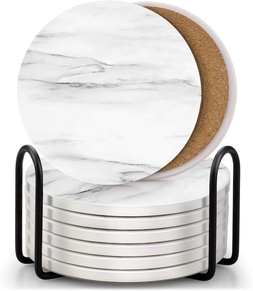 EAGMAK Set of 8 Coasters for Drinks, Absorbent Marble Style Ceramic Drink Coaster with Holder for Coffee Wooden Table Home Decor (White)
