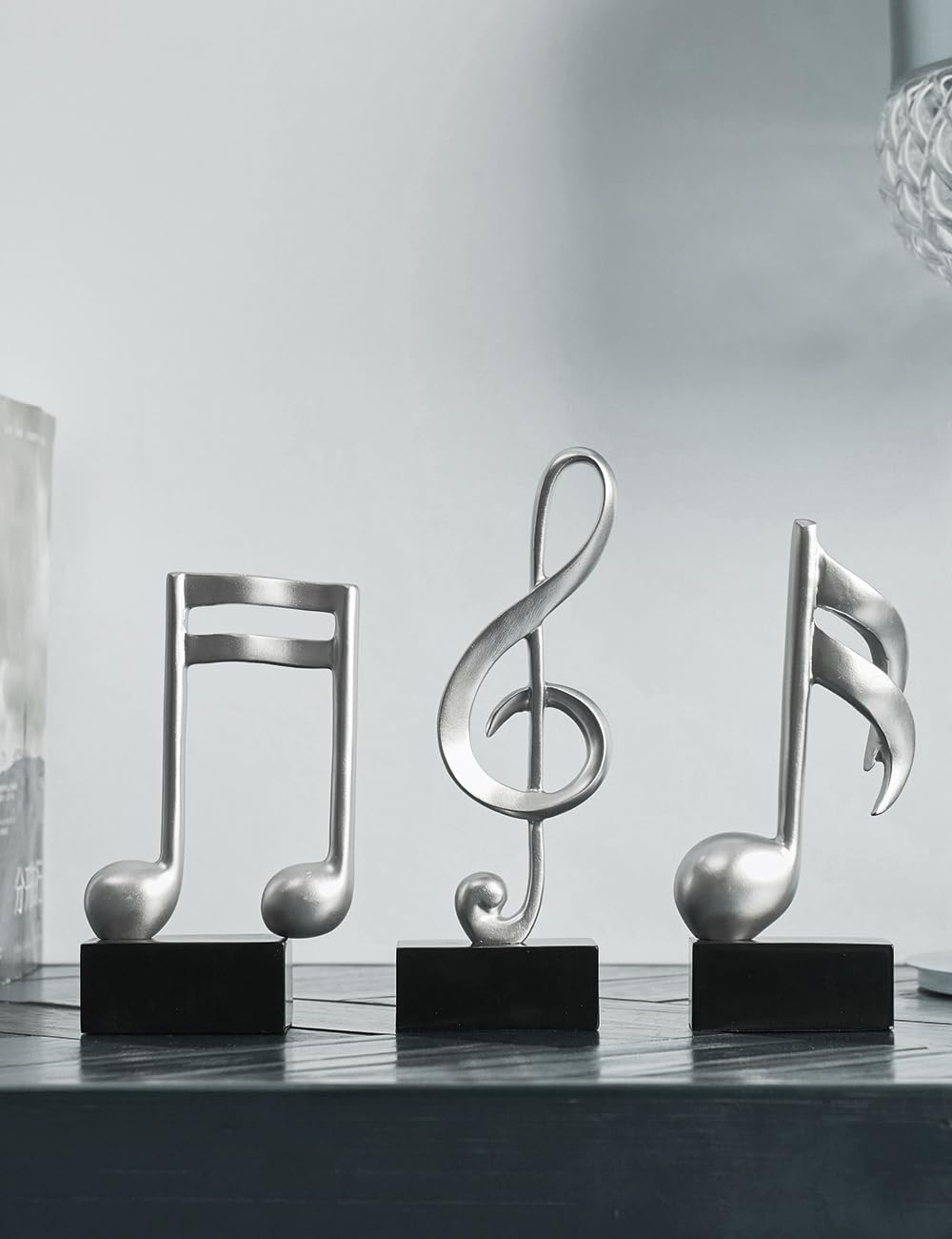 HAUCOZE 3pcs Music Note Decor Musical Decoration Gifts Table Centerpiece Sculpture Piano Statue Silver 7.5 inch