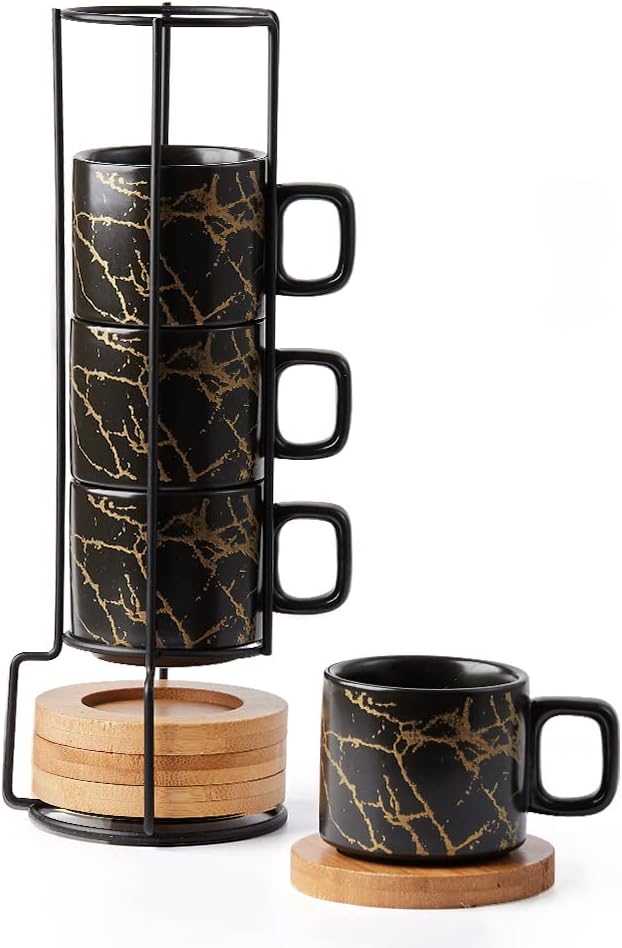 LUKA Porcelain Espresso Cup with Saucer and Metal Stand, 4 Ounce Stackable Ceramic Demitasse Espresso Mugs Cups Set for Latte,Coffee,Cafe Mocha,Tea(Set of 4)